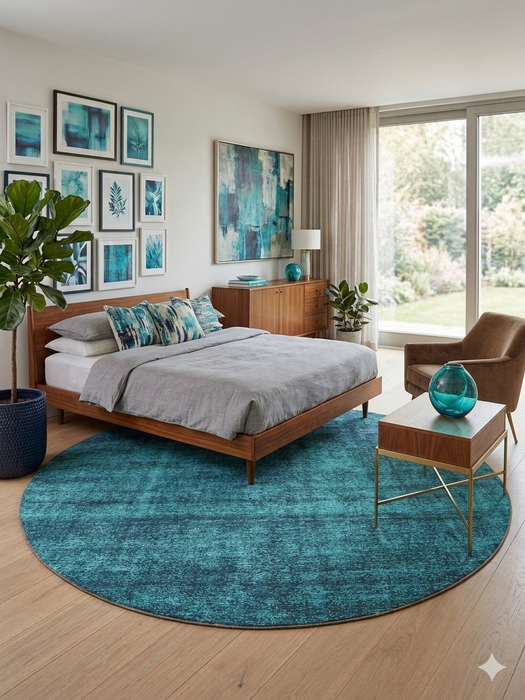 8' Round Teal & Charcoal Distressed Modern Washable Area Rug styled in a modern bedroom with a wooden bed frame, accent chair, and teal wall art.