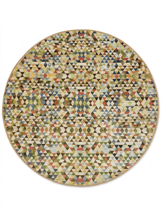 8' round multicolor geometric triangle pattern modern area rug isolated on a white background.