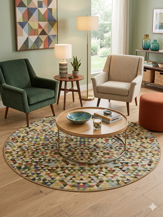 8' round multicolor geometric triangle pattern modern area rug placed in a cozy living room with armchairs and a round coffee table.