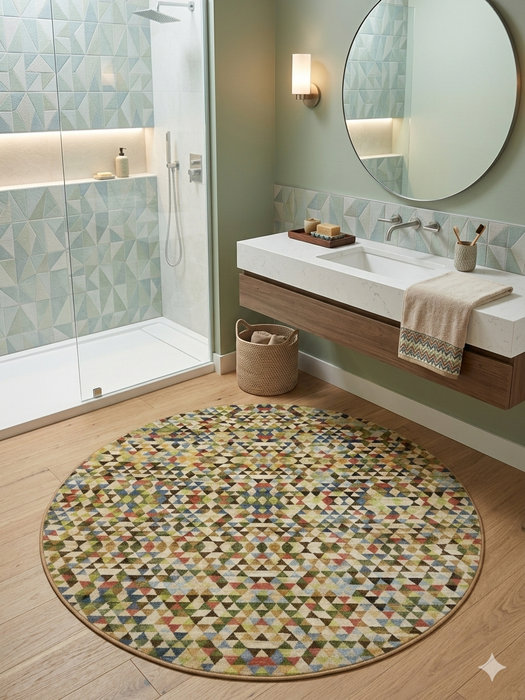 8' round multicolor geometric triangle pattern modern area rug styled in a bathroom with a floating vanity and walk-in shower.