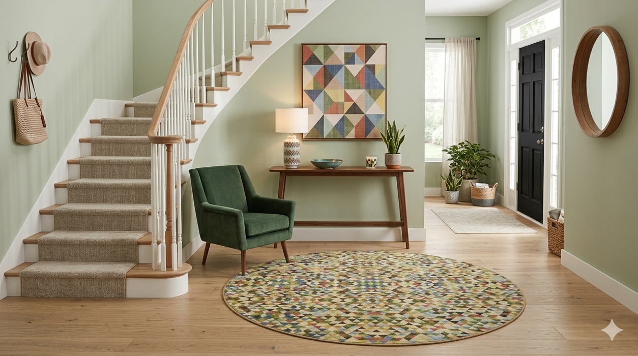 8' round multicolor geometric triangle pattern modern area rug styled in an entryway with a staircase and console table.