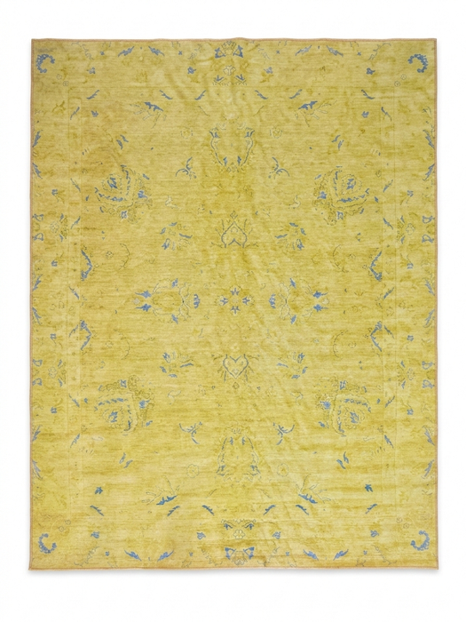 8' x 10' Rectangle Mustard Yellow & Light Blue Distressed Vintage Washable Area Rug displayed on a clean background highlighting the distressed vintage pattern and soft mustard yellow tones with light blue accents.