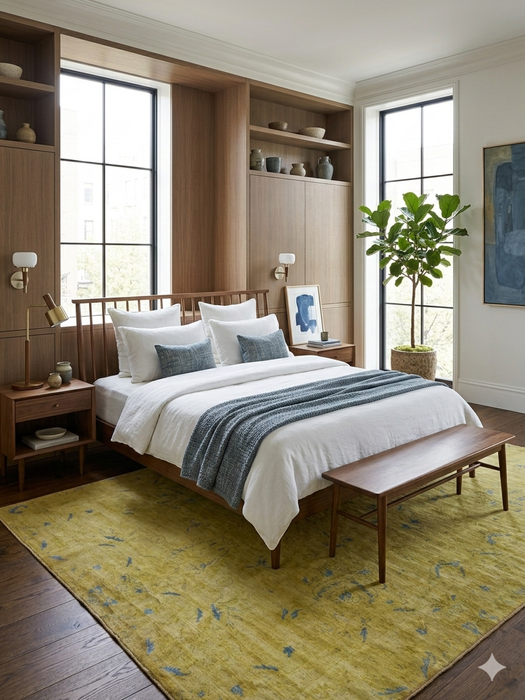 8' x 10' Rectangle Mustard Yellow & Light Blue Distressed Vintage Washable Area Rug placed in a modern bedroom beneath a wooden bed frame with built-in shelving and neutral bedding.