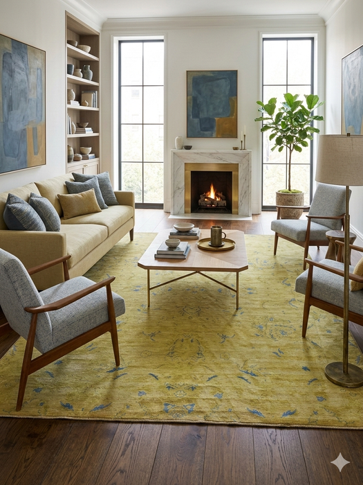 8' x 10' Rectangle Mustard Yellow & Light Blue Distressed Vintage Washable Area Rug styled in a cozy living room with mid-century chairs, a wooden coffee table, and a fireplace centerpiece.