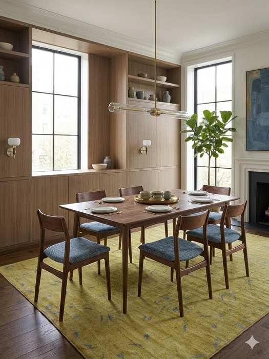 8' x 10' Rectangle Mustard Yellow & Light Blue Distressed Vintage Washable Area Rug styled in a dining room beneath a wooden dining table with upholstered chairs and warm modern décor.