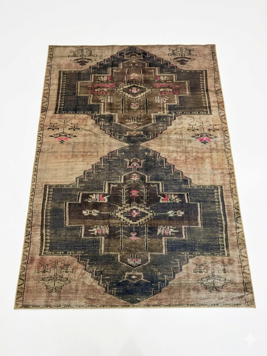 8' x 10' Rectangular Beige & Charcoal Tribal Medallion Vintage Area Rug isolated on a white background.