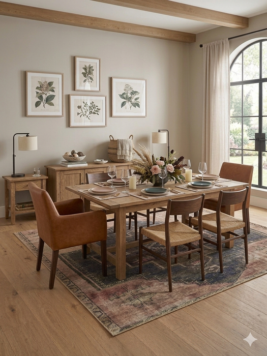 8' x 10' Rectangular Beige & Charcoal Tribal Medallion Vintage Area Rug styled in a dining room with a wooden table, mixed seating, and warm neutral decor.