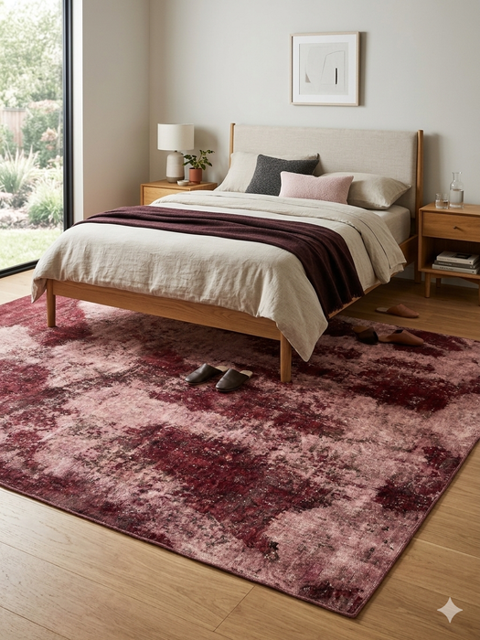 8' x 10' Rectangular Blush & Burgundy Distressed Abstract Modern Area Rug styled in a bedroom with layered textiles and contemporary decor.