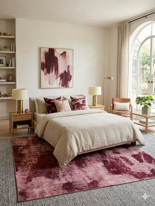 8' x 10' Rectangular Blush & Burgundy Distressed Abstract Modern Area Rug styled in a bedroom with neutral bedding and warm wood furniture.