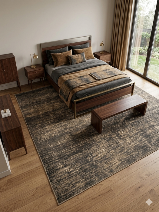 8' x 10' Rectangular Brown & Beige Distressed Abstract Modern Washable Area Rug styled in a bedroom with a bed and wood furniture.