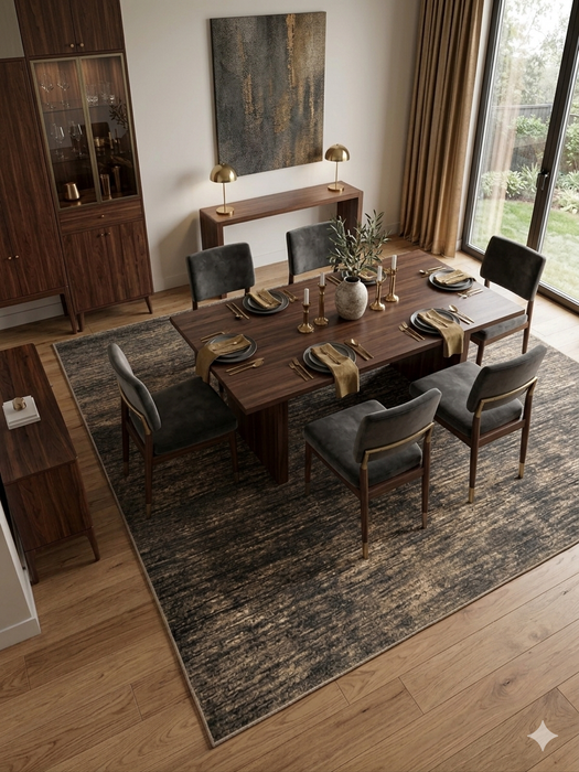 8' x 10' Rectangular Brown & Beige Distressed Abstract Modern Washable Area Rug styled in a dining room with a table and chairs.