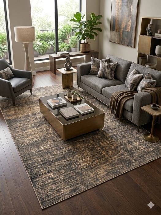 6' x 9' Rectangular Terracotta & Ivory Distressed Medallion Traditional Washable Area Rug styled in a bedroom with a bed and accent furniture.