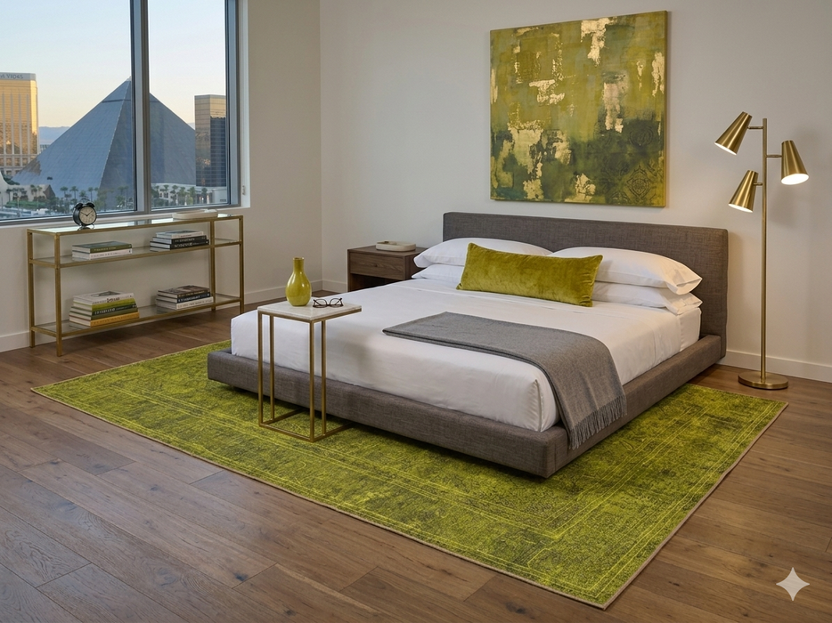 8' x 10' Rectangular Olive Gold Distressed Medallion Traditional Washable Area Rug placed in a modern bedroom with a gray upholstered bed, white bedding, and olive accent decor.