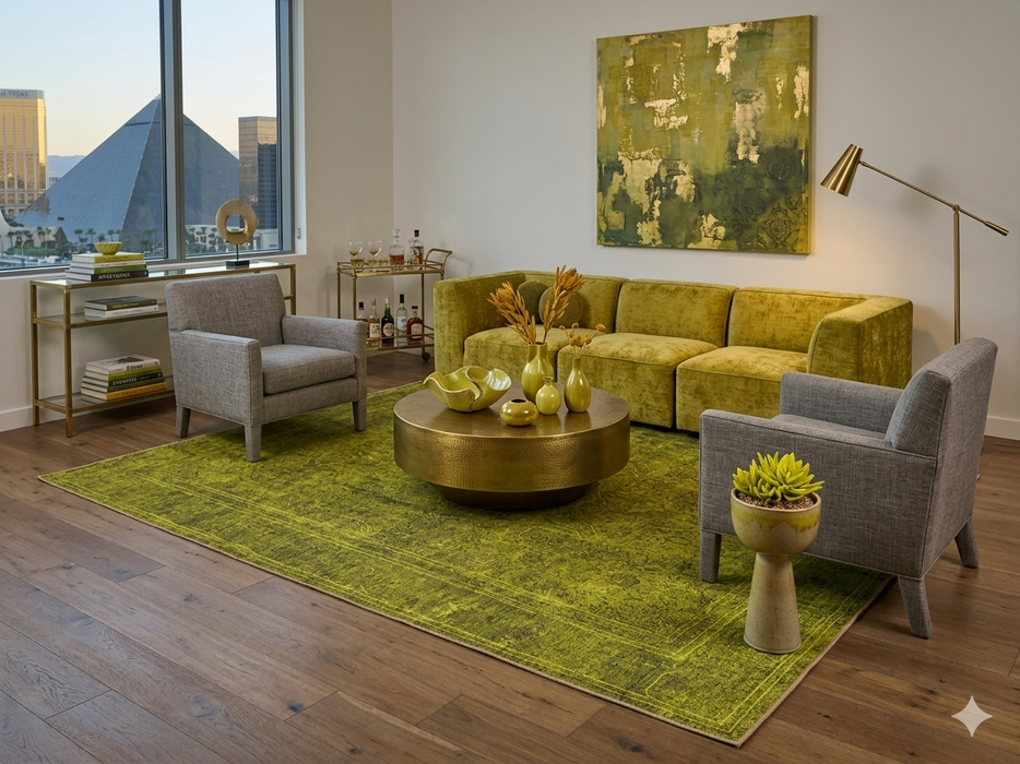 8' x 10' Rectangular Olive Gold Distressed Medallion Traditional Washable Area Rug styled in a contemporary living room with olive green velvet sofa, gray accent chairs, and brass coffee table.