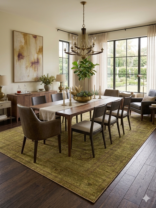 8' x 10' Rectangular Olive Gold & Purple Distressed Vintage Traditional Area Rug styled in a dining room with wood furniture and classic decor.