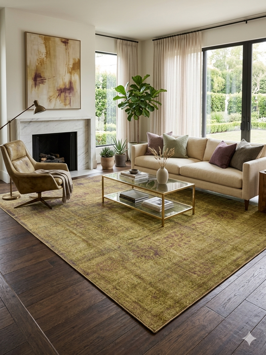 8' x 10' Rectangular Olive Gold & Purple Distressed Vintage Traditional Area Rug styled in a living room with neutral seating and warm wood tones.