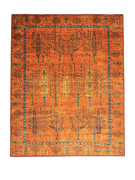 8' x 10' Rectangular Orange & Green Tree Motif Traditional Vintage Washable Area Rug isolated on a white background.