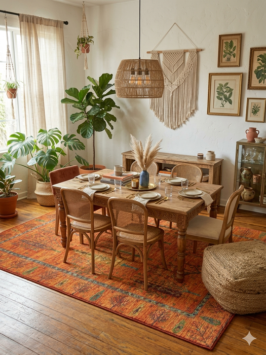 8' x 10' Rectangular Orange & Green Tree Motif Traditional Vintage Washable Area Rug styled in a bohemian dining room.