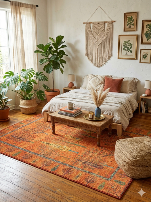 8' x 10' Rectangular Orange & Green Tree Motif Traditional Vintage Washable Area Rug styled in a cozy bohemian bedroom.