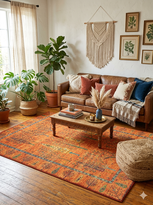 8' x 10' Rectangular Orange & Green Tree Motif Traditional Vintage Washable Area Rug styled in a warm bohemian living room.