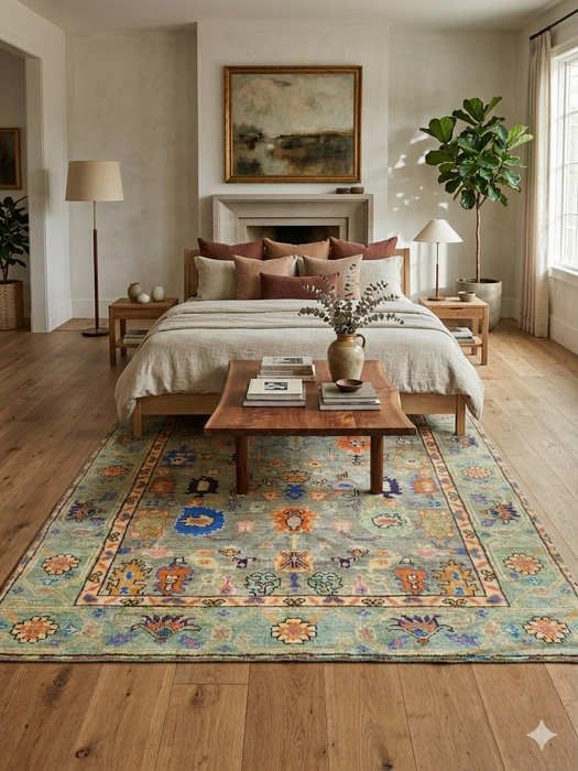 7' x 9' Rectangular Green & Beige Floral Traditional Washable Area Rug styled in a dining room with a wooden table, upholstered chairs, and warm lighting.