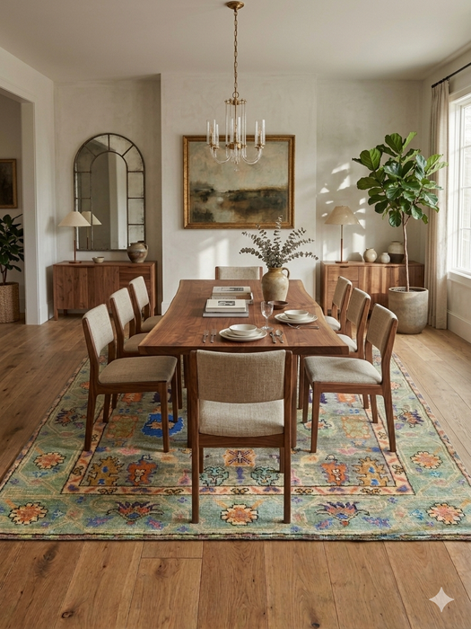 8' x 10' Rectangular Sage Green Multicolor Floral Traditional Washable Area Rug styled in a bedroom with warm wood furniture, layered bedding, and soft neutral tones.