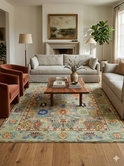 8' x 10' Rectangular Sage Green Multicolor Floral Traditional Washable Area Rug styled in a living room with neutral sofas, accent chairs, and natural light.