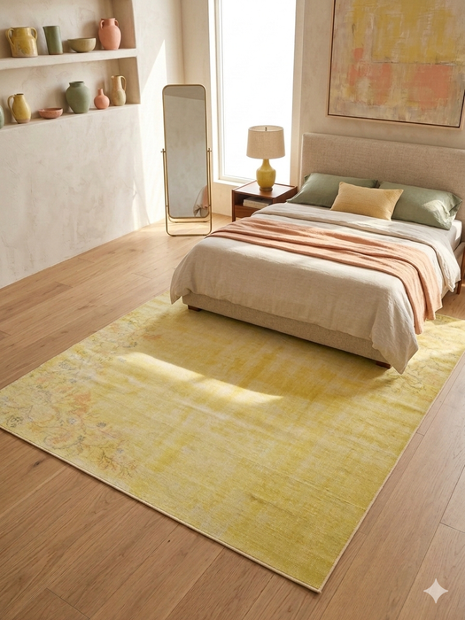 8' x 10' Rectangular Yellow Floral Distressed Traditional Area Rug displayed in a bedroom beneath a bed with soft yellow and neutral bedding accents.