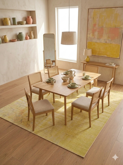 8' x 10' Rectangular Yellow Floral Distressed Traditional Area Rug featured in a bright dining room under a wooden dining table and chairs.