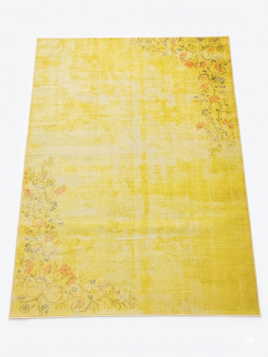 8' x 10' Rectangular Yellow Floral Distressed Traditional Area Rug product view highlighting the distressed yellow background and subtle floral corner motifs.
