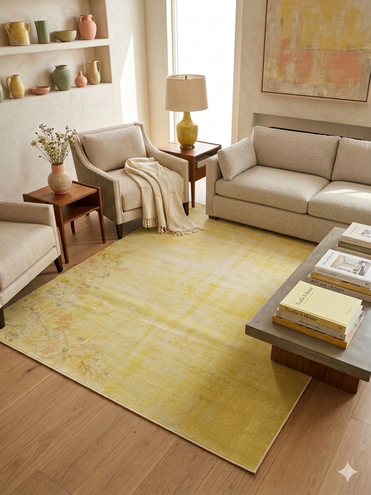 8' x 10' Rectangular Yellow Floral Distressed Traditional Area Rug styled in a warm living room with neutral sofas, wooden coffee table, and decorative shelving.
