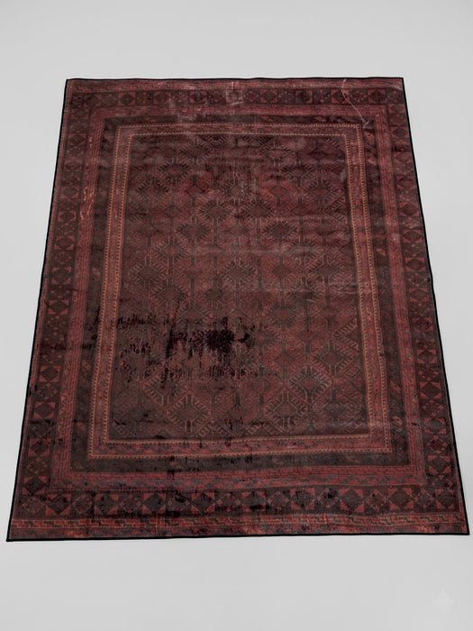 8' x 10' rectangular burgundy & black distressed geometric traditional area rug isolated on a white background.