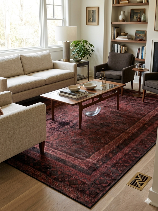 8' x 10' rectangular burgundy & black distressed geometric traditional area rug placed in a living room with a neutral sofa, wood coffee table, and built-in shelving.