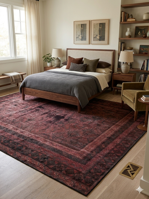 8' x 10' rectangular burgundy & black distressed geometric traditional area rug styled in a bedroom with a wood bed frame, layered bedding, and soft natural light.