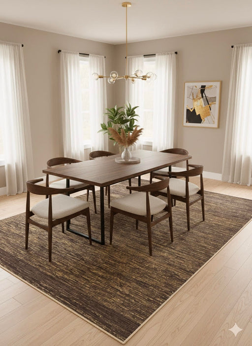 8' x 12' Deep Brown Gold Textured Modern Washable Area Rug placed in a formal dining room.