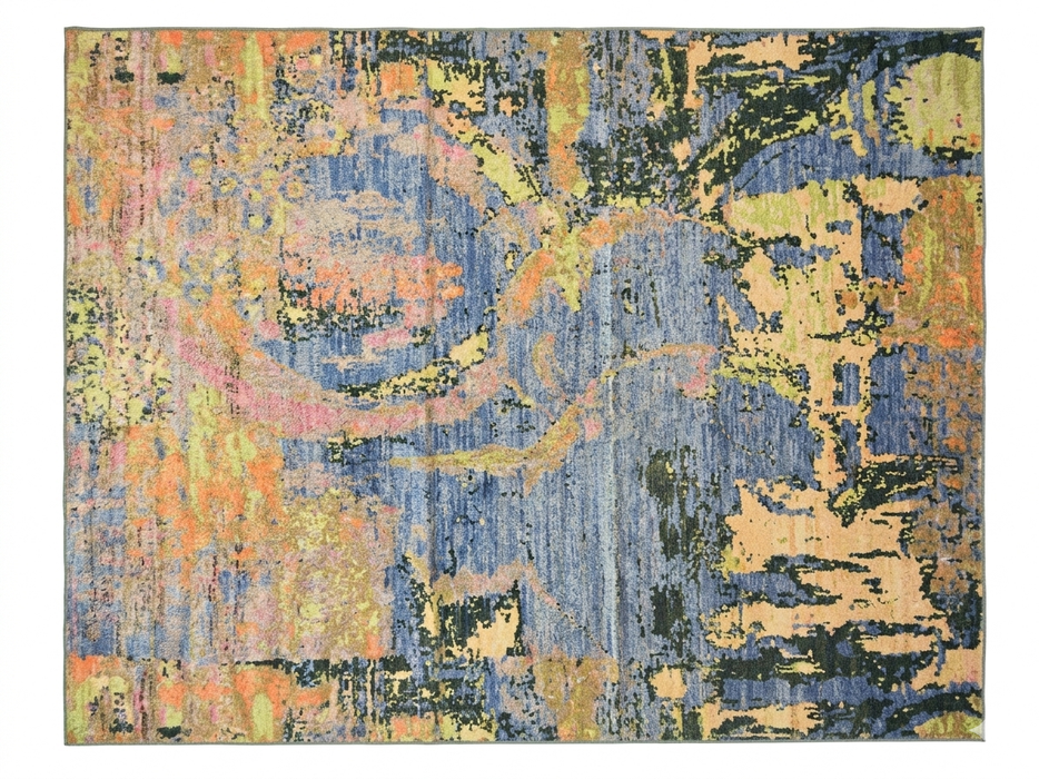8_x_12_Rectangular_Blue_Gold_Abstract_Modern_Washable_Area_Rug_displayed_on_a_plain_background.