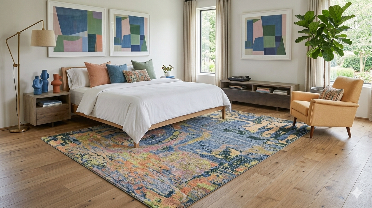 8' x 12' Rectangular Blue & Gold Abstract Modern Washable Area Rug placed in a modern bedroom beneath a platform bed.