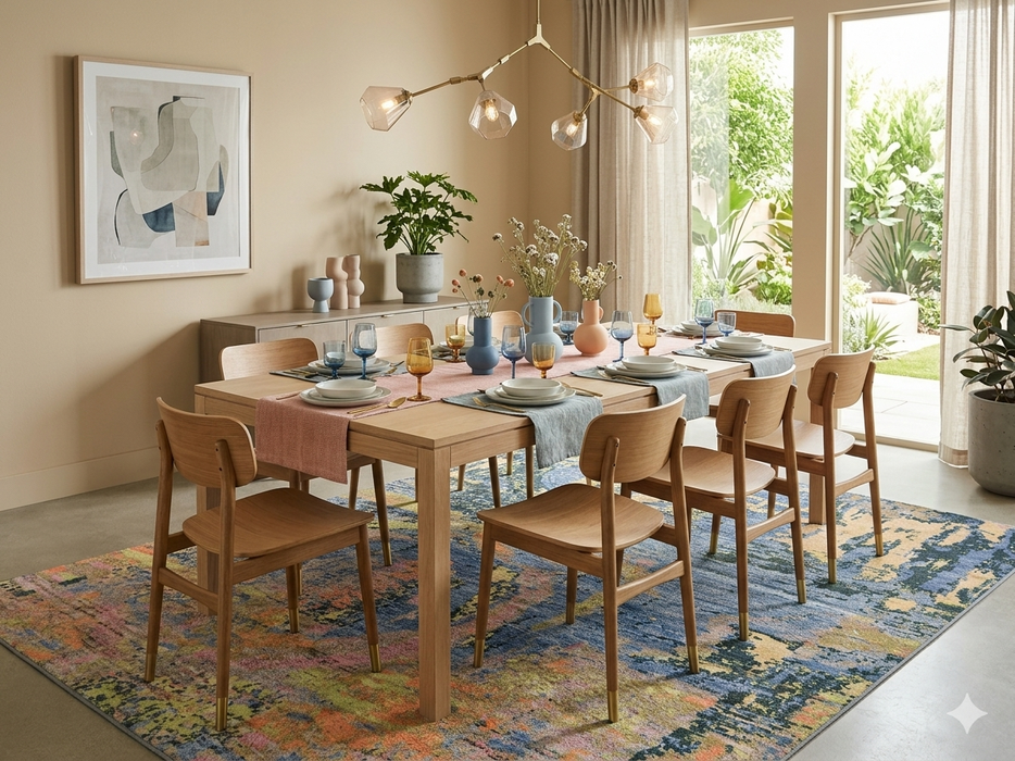 8' x 12' Rectangular Blue & Gold Abstract Modern Washable Area Rug styled in a bright dining room under a wooden dining table.