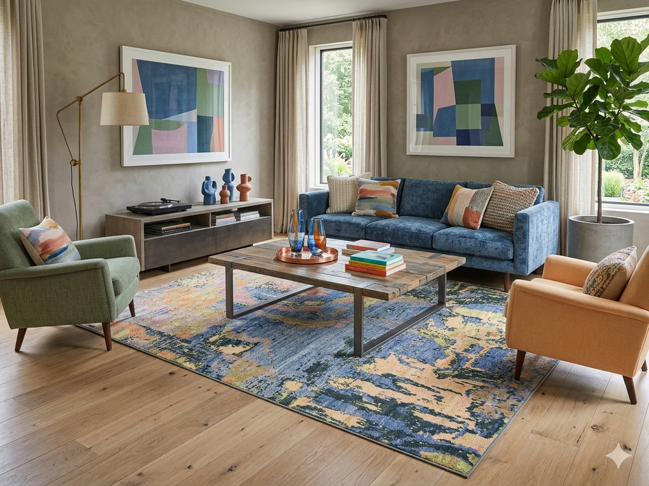 8' x 12' Rectangular Blue & Gold Abstract Modern Washable Area Rug styled in a contemporary living room.