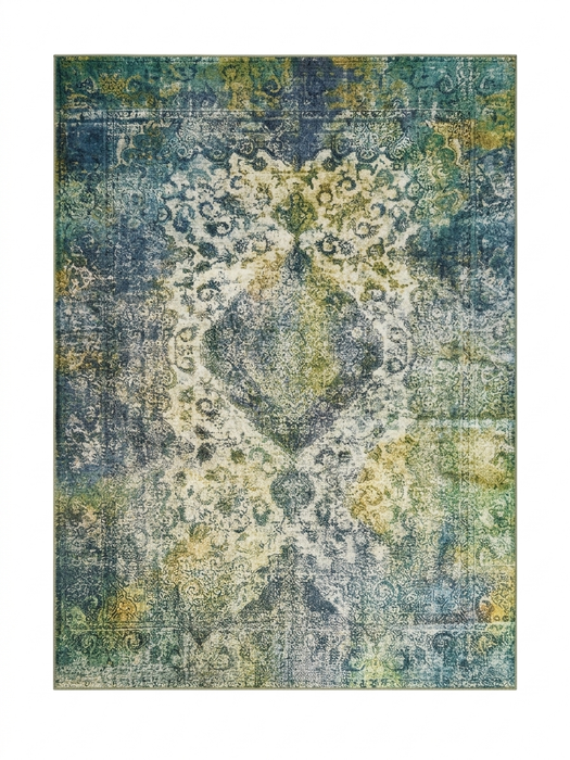 8' x 12' Rectangular Blue & Green Distressed Floral Vintage Washable Area Rug displayed on a plain background.