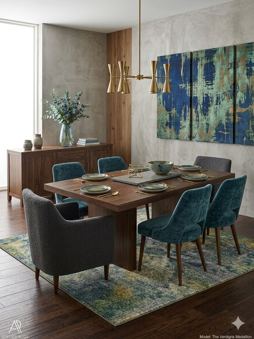 8' x 12' Rectangular Blue & Green Distressed Floral Vintage Washable Area Rug placed in a sophisticated dining room beneath a wooden dining table.