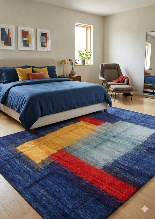 8' x 12' Rectangular Blue & Multicolor Abstract Modern Area Rug placed in a modern bedroom beneath a bed with coordinated blue bedding.