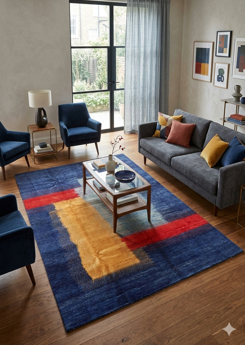 8' x 12' Rectangular Blue & Multicolor Abstract Modern Area Rug styled in a contemporary living room with sofa, armchairs, and glass coffee table.