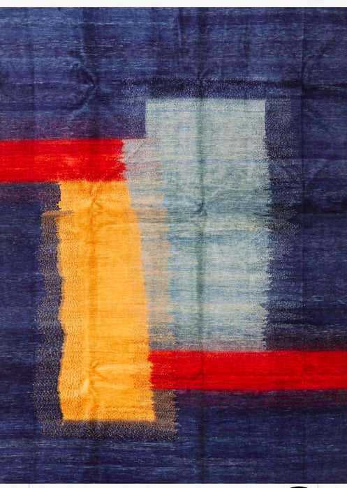 8' x 12' Rectangular Blue & Multicolor Abstract Modern Area Rug shown in a close-up product design view highlighting the abstract pattern.