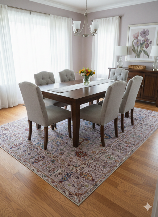 8' x 12' Rectangular Light Beige Multicolor Floral Traditional Washable Area Rug placed in a formal dining room.