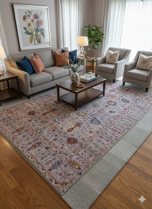 8' x 12' Rectangular Light Beige Multicolor Floral Traditional Washable Area Rug styled in a contemporary living room.