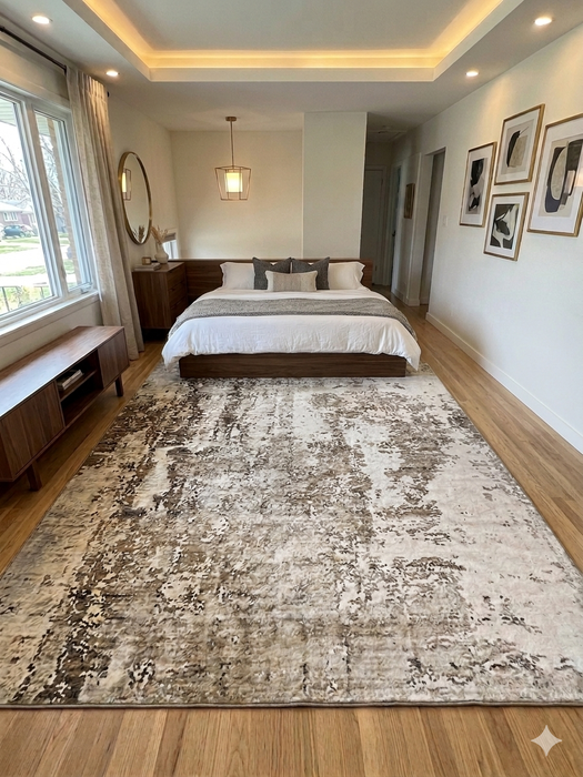 8' x 12' Rectangular Olive Green & Cream Distressed Abstract Modern Area Rug placed in a bedroom with a platform bed, neutral bedding, and natural light from large windows.