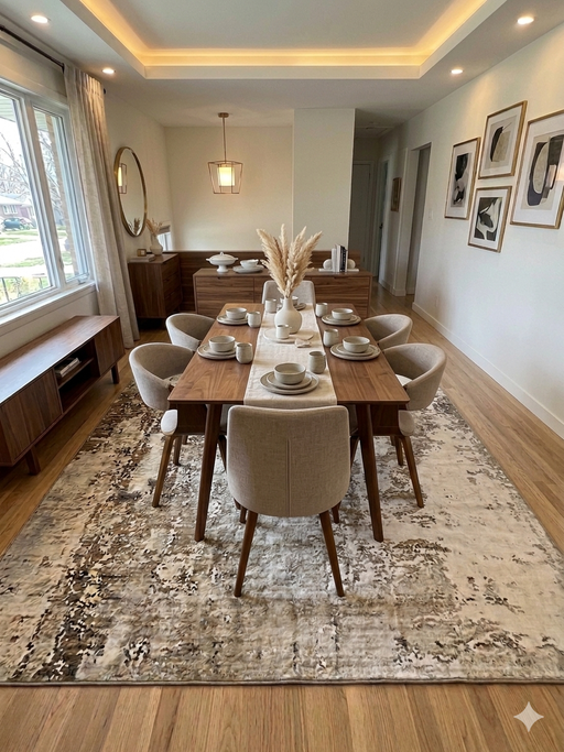 8' x 12' Rectangular Olive Green & Cream Distressed Abstract Modern Area Rug placed in a dining room with a wood table, upholstered chairs, and warm ambient lighting.