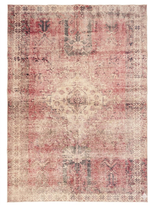 8' x 12' Rectangular Pink & Ivory Distressed Oriental Vintage Area Rug isolated on a white background.
