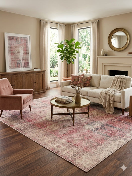 8' x 12' Rectangular Pink & Ivory Distressed Oriental Vintage Area Rug placed in a bright living room with neutral furniture and soft blush accents.